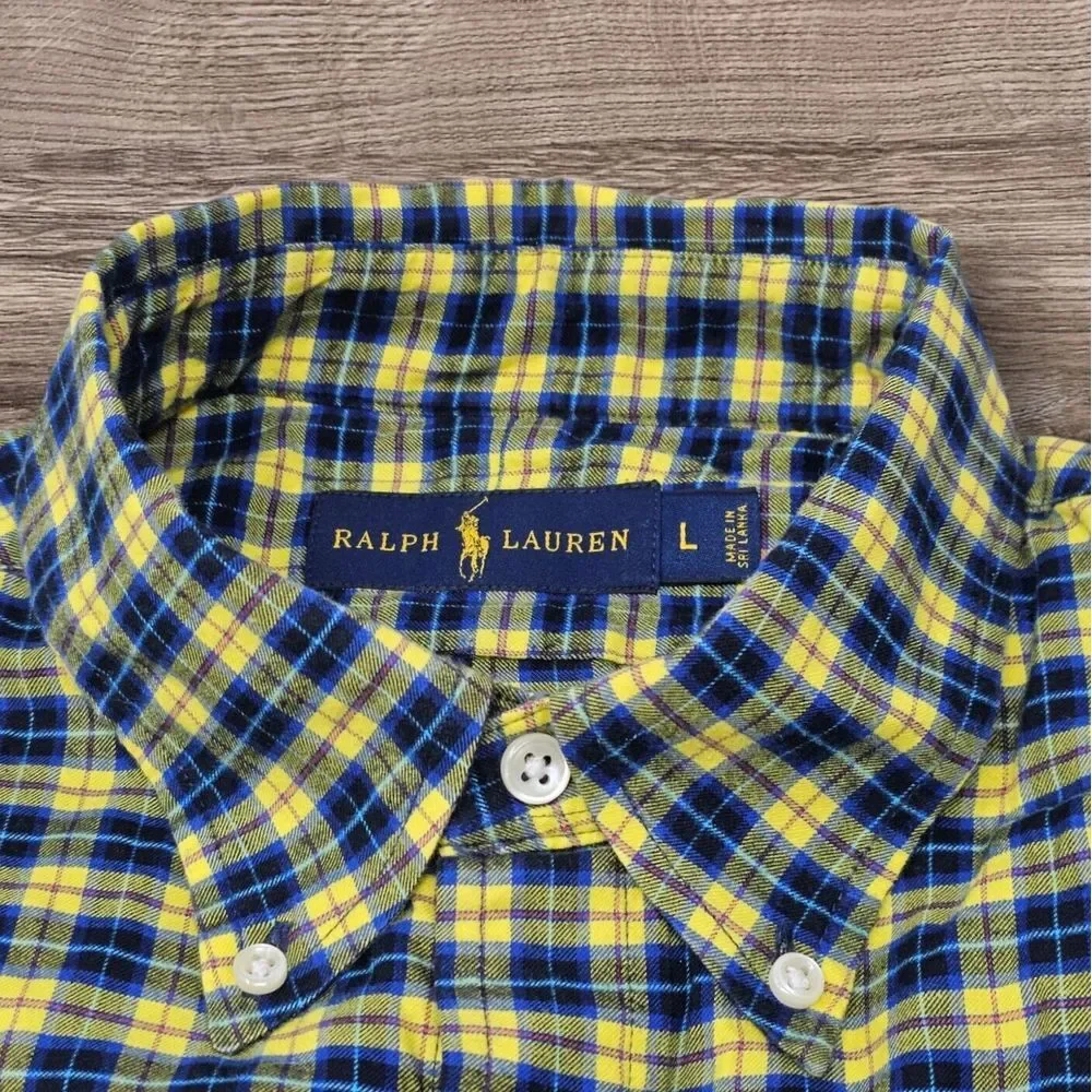 Ralph‎ Lauren Shirt Men's Large Blue Yellow Plaid Cotton Long Sleeve Button-Down